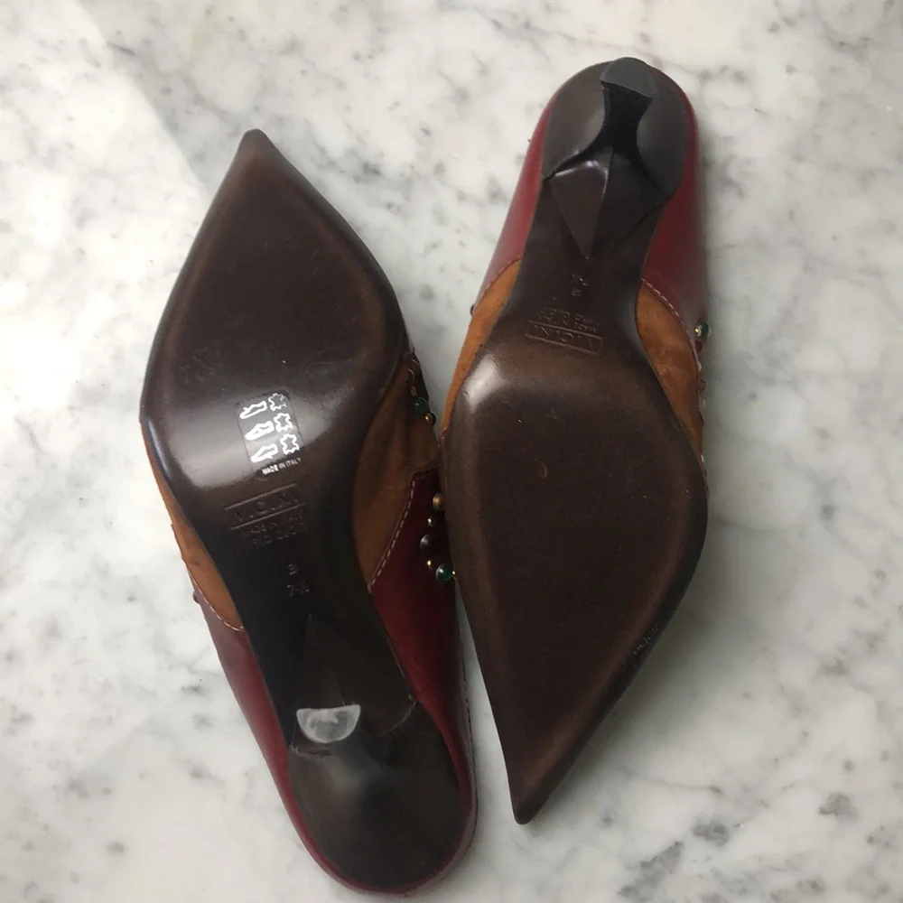 Giuseppe Zanotti design Size 7.5 Two-Tone Red & Brown Studded Pointed-Heel Mules - Picture 5 of 10